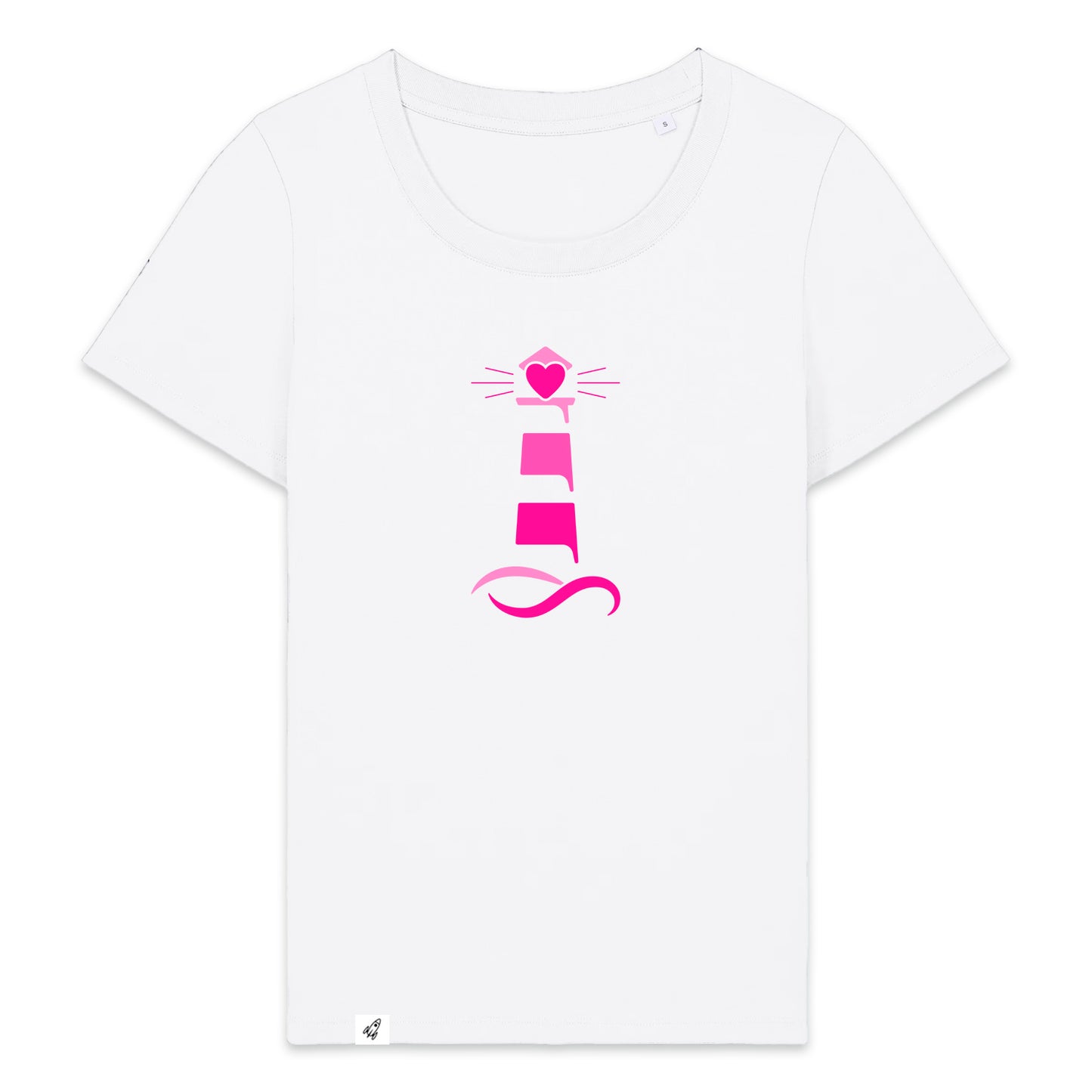 Weißes Damen T-Shirt aus der Pinktober Kollektion mit Leuchtturm Motiv.