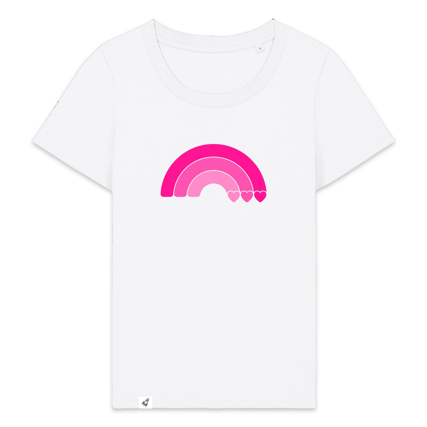 Weißes Damen T-Shirt aus der Pinktober Kollektion mit Regenbogen Motiv.