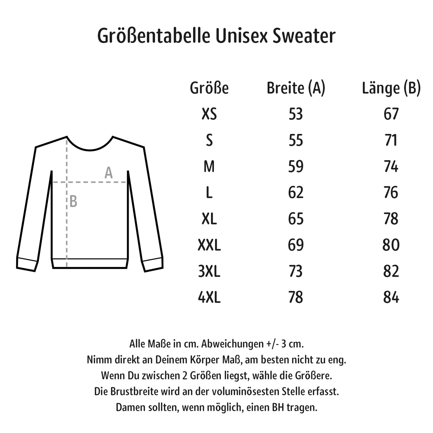 Größentabelle Unisex Sweater