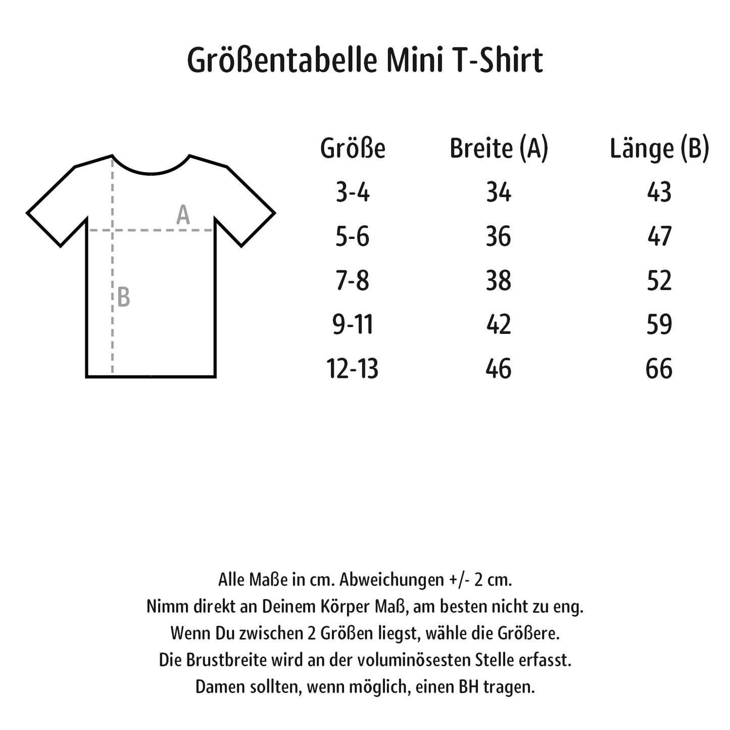 Größentabelle vom Kinder T-Shirt. Größe 3-4 Jahre, Breite 34 cm, Länge 43 cm. Größe 5-6 Jahre, Breite 36 cm, Länge 47 cm. Größe 7-8 Jahre, Breite 38 cm, Länge 52 cm. Größe 9-11 Jahre, Breite 42 cm, Länge 59 cm. Größe 12-13 Jahre, Breite 46 cm, Länge 66 cm. Abweichungen +/- 2 cm. Nimm direkt am Körper Maß, am besten nicht zu eng. Wenn Du zwischen 2 Größen liegt, wähle die Größere. Die Brustbreite wird an der voluminösten Stelle erfasst. Damen sollten, wenn möglich, einen BH tragen.
