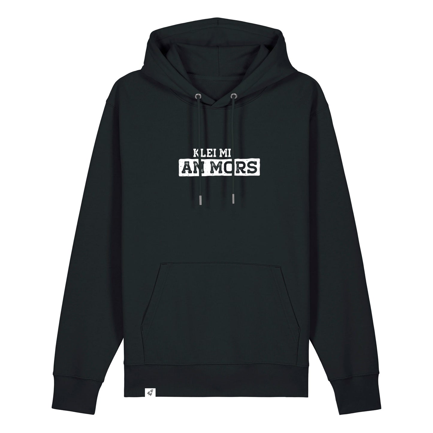 Schwarzer Hoodie mit dem Spruch Klei mi an Mors auf der Brust.
