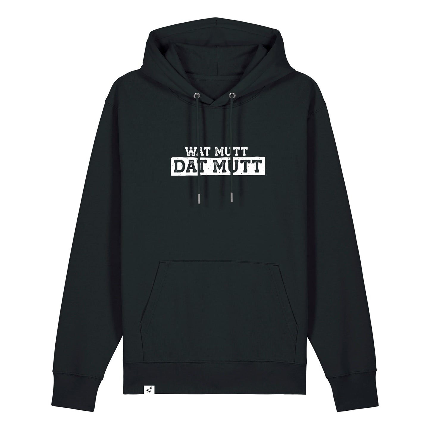 Schwarzer Hoodie mit dem Spruch Wat mutt dat mut auf der Brust.
