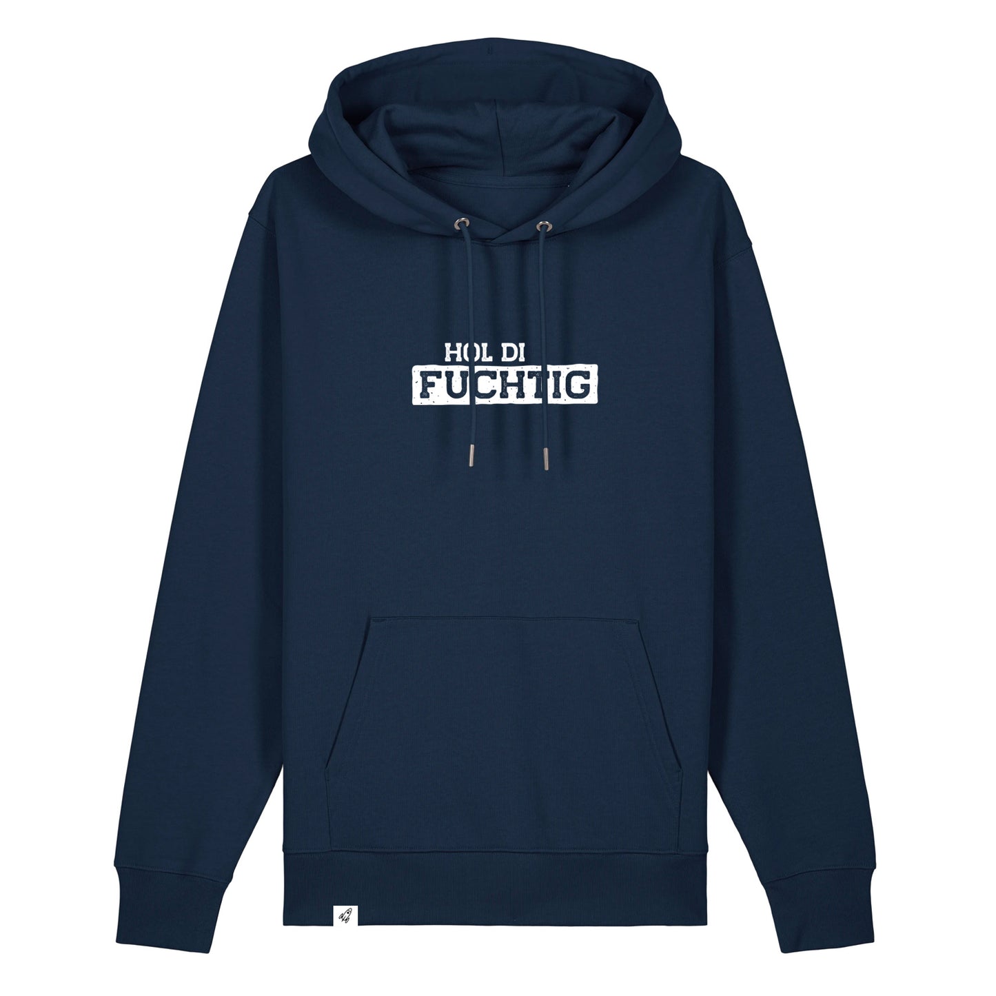 Dunkelblauer Hoodie mit dem Spruch Hol di Fuchtig auf der Brust.