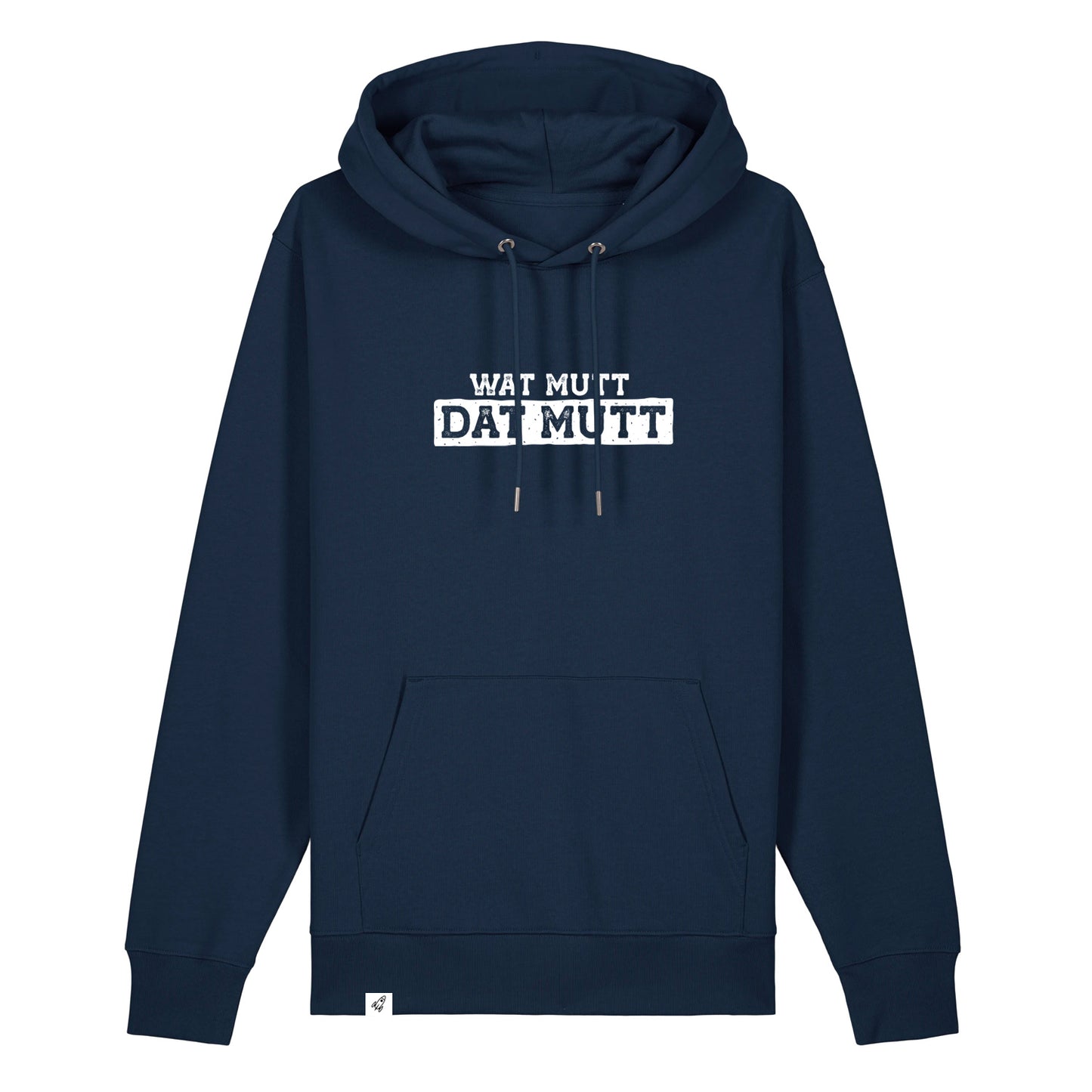 Dunkelblauer Hoodie mit dem Spruch Wat mutt dat mut auf der Brust.