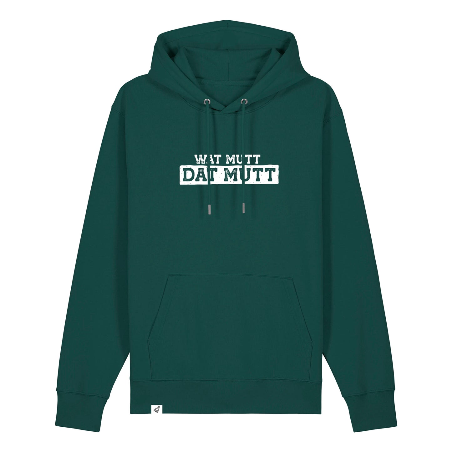 Dunkelgrüner Hoodie mit dem Spruch Wat mutt dat mut auf der Brust.