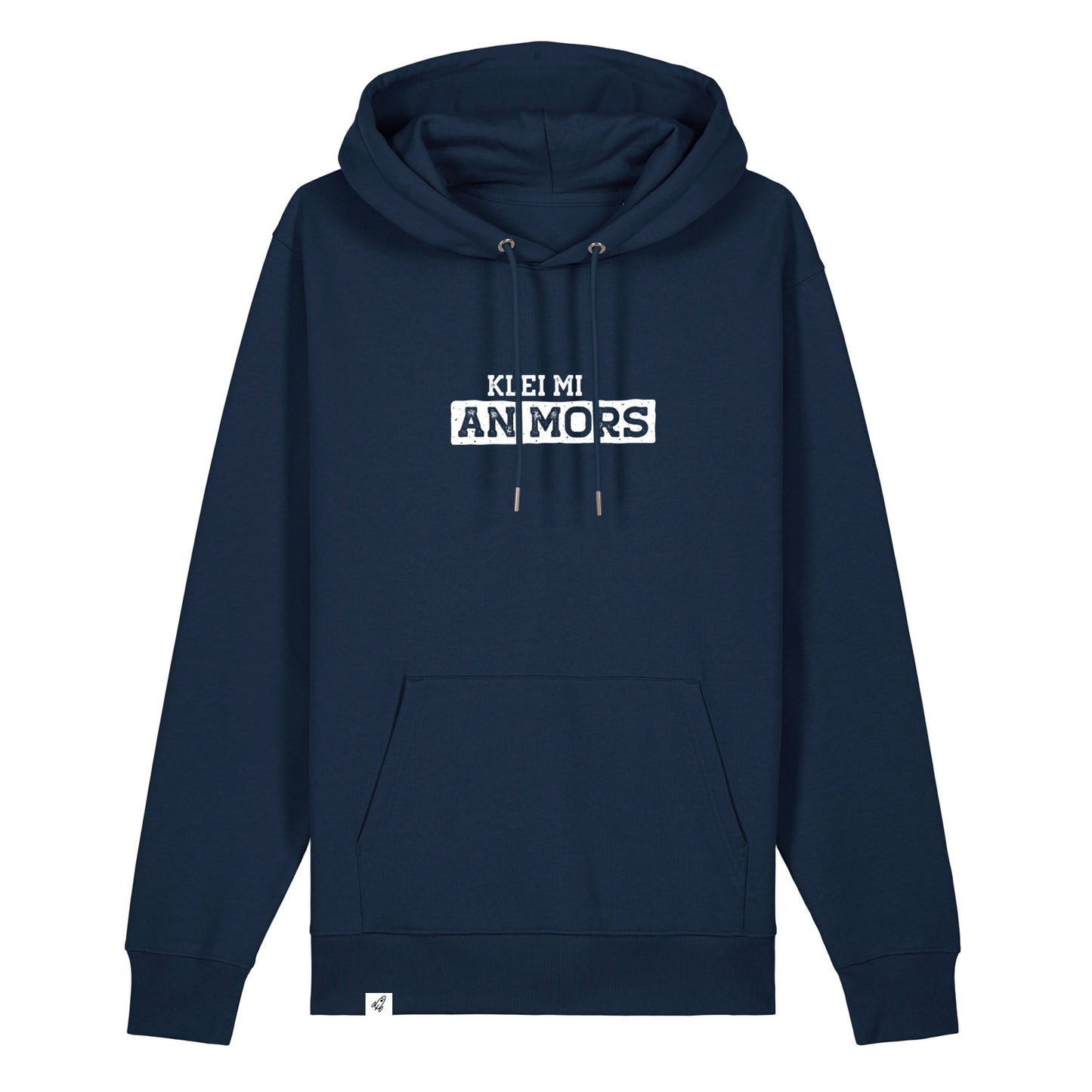 Dunkelblauer Hoodie mit dem Spruch Klei mi an Mors auf der Brust.