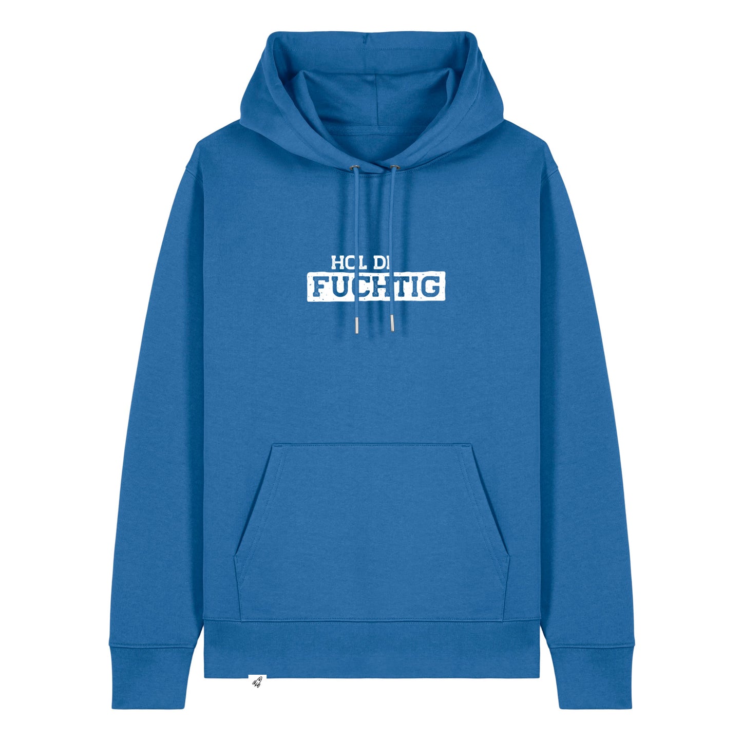 Blauer Hoodie mit dem Spruch Hol di Fuchtig auf der Brust.