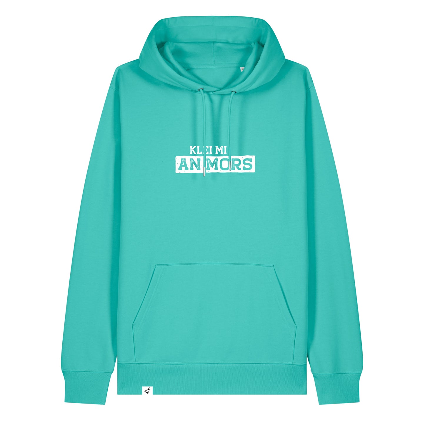 Hellblauer Hoodie mit dem Spruch Klei mi an Mors auf der Brust.