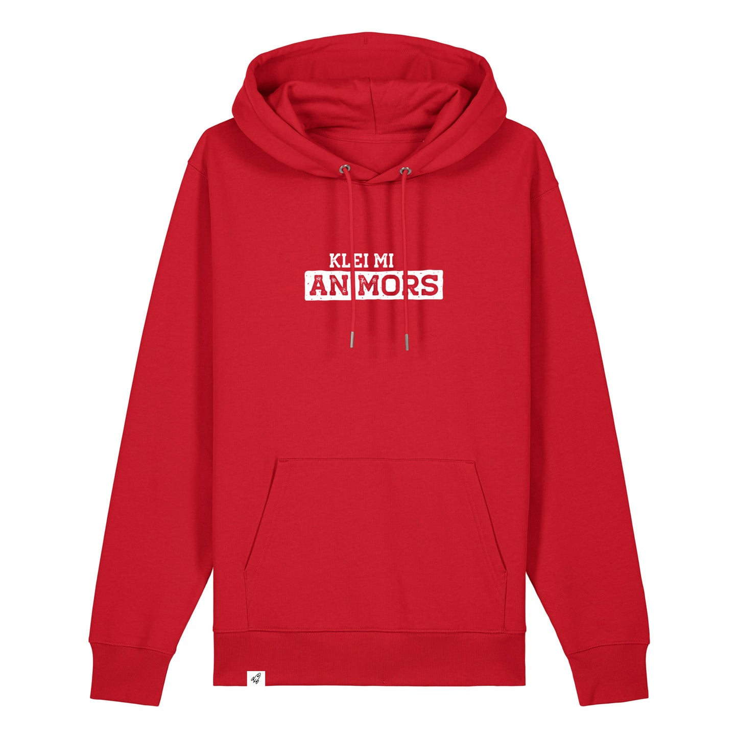 Roter Hoodie mit dem Spruch Klei mi an Mors auf der Brust.