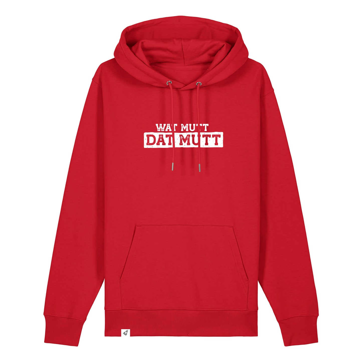 Roter Hoodie mit dem Spruch Wat mutt dat mut auf der Brust.
