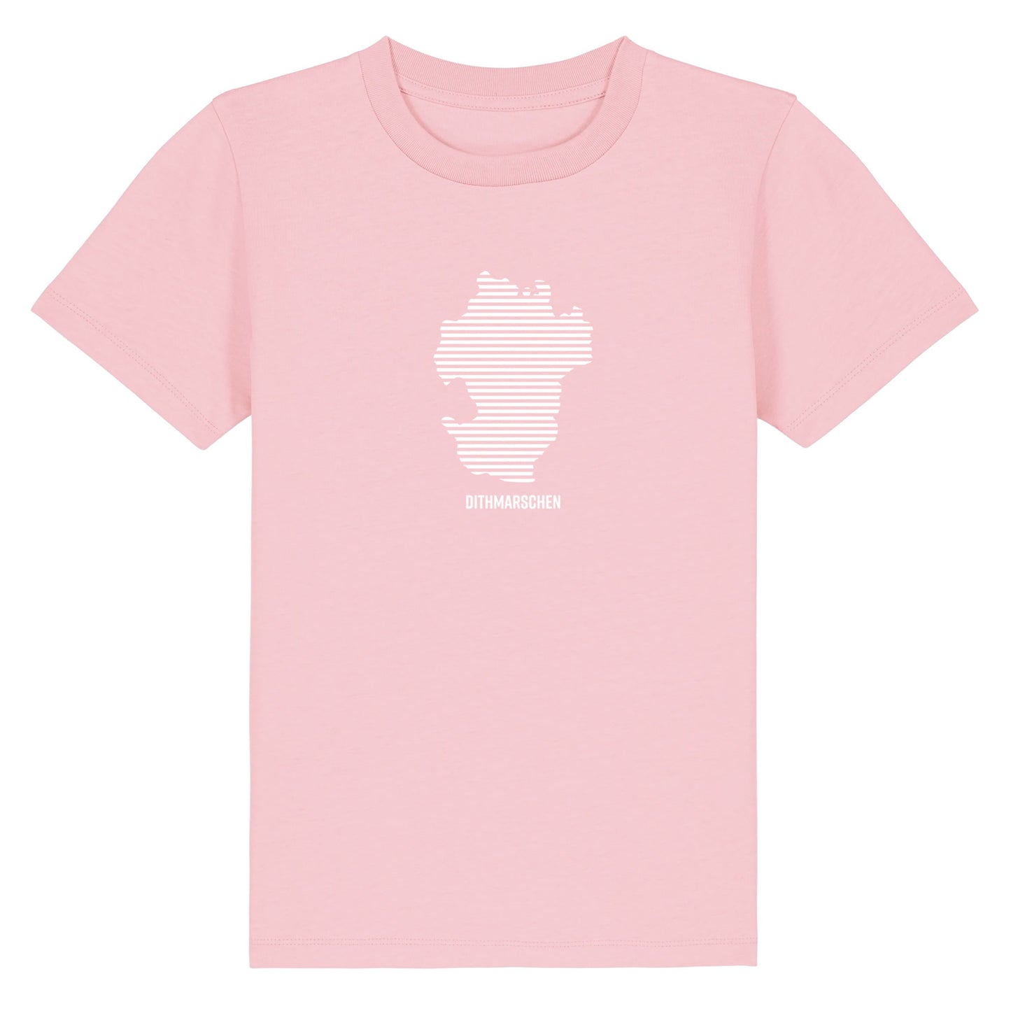 Pinkes Kinder T-Shirt mit Rundhalsausschnitt. Auf der Brust ist in weißen Streifen der Umriss von Dithmarschen. Darunter steht Dithmarschen in weiß. Die Farbe vom T-Shirt heißt Cotton Pink.