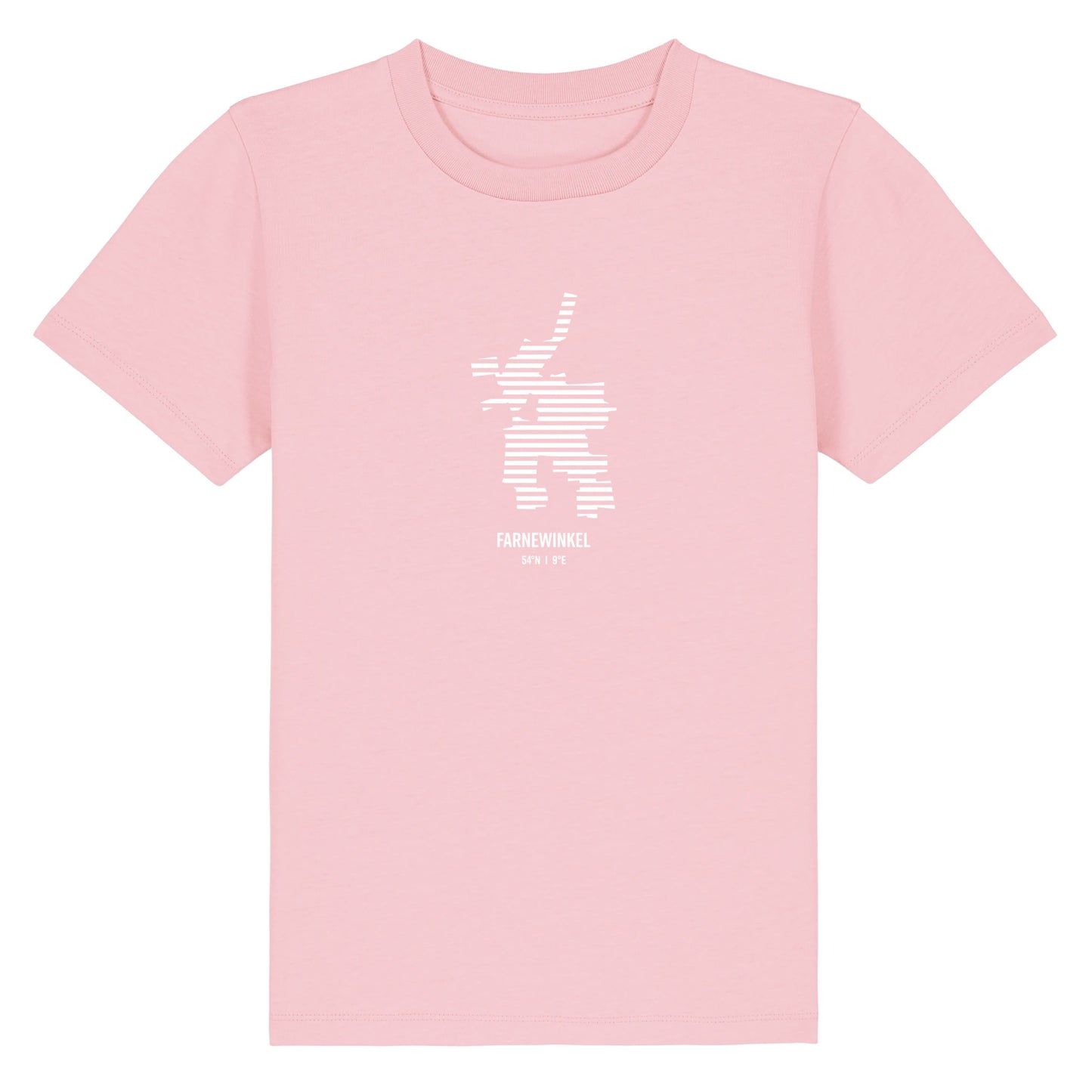 Pinkes Kinder T-Shirt mit Rundhalsausschnitt. Auf der Brust ist in weißen Streifen der Umriss von Farnewinkel. Darunter steht Farnewinkel 54° N und 9° E. Die Farbe vom T-Shirt heißt Cotton Pink.