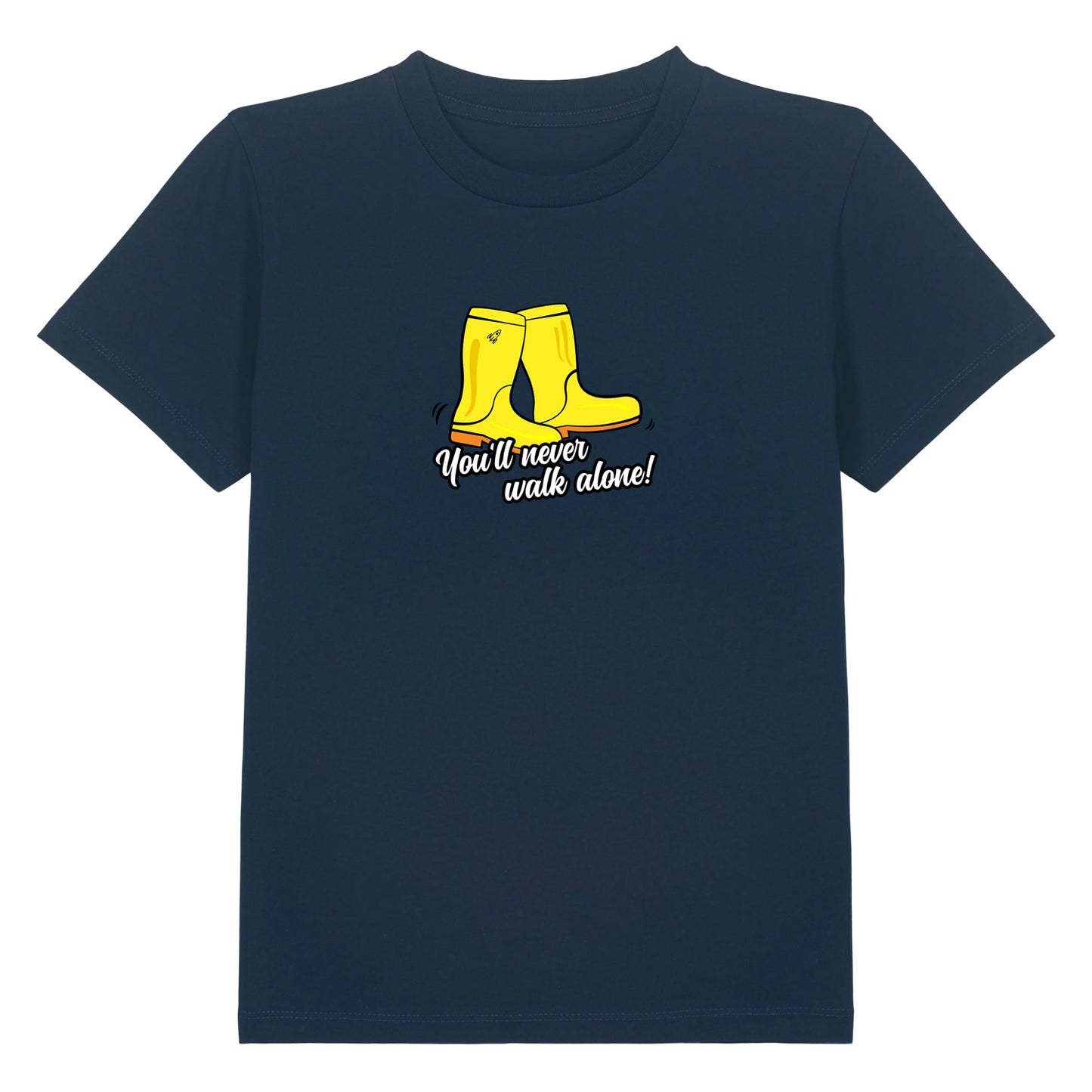 Dunkelblaues Kinder T-Shirt mit Rundhalsausschnitt. Auf der Brust sind zwei gelbe Gummistiefel. Unter den Stiefeln seht der Satz You'll never walk alone. Die Farbe vom T-Shirt heißt French Navy.