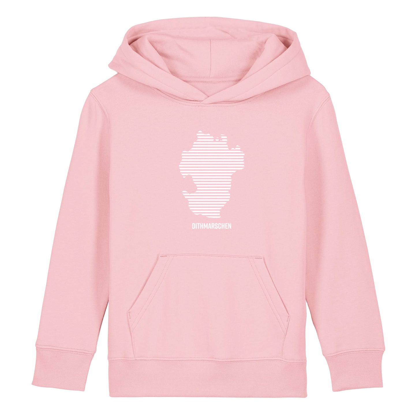 Pinker Kinder Hoodie mit Kängerutasche. Auf der Brust ist in weißen Streifen der Umriss von Dithmarschen. Darunter steht Dithmarschen in weiß. Die Farbe vom Hoodie heißt Cotton Pink.