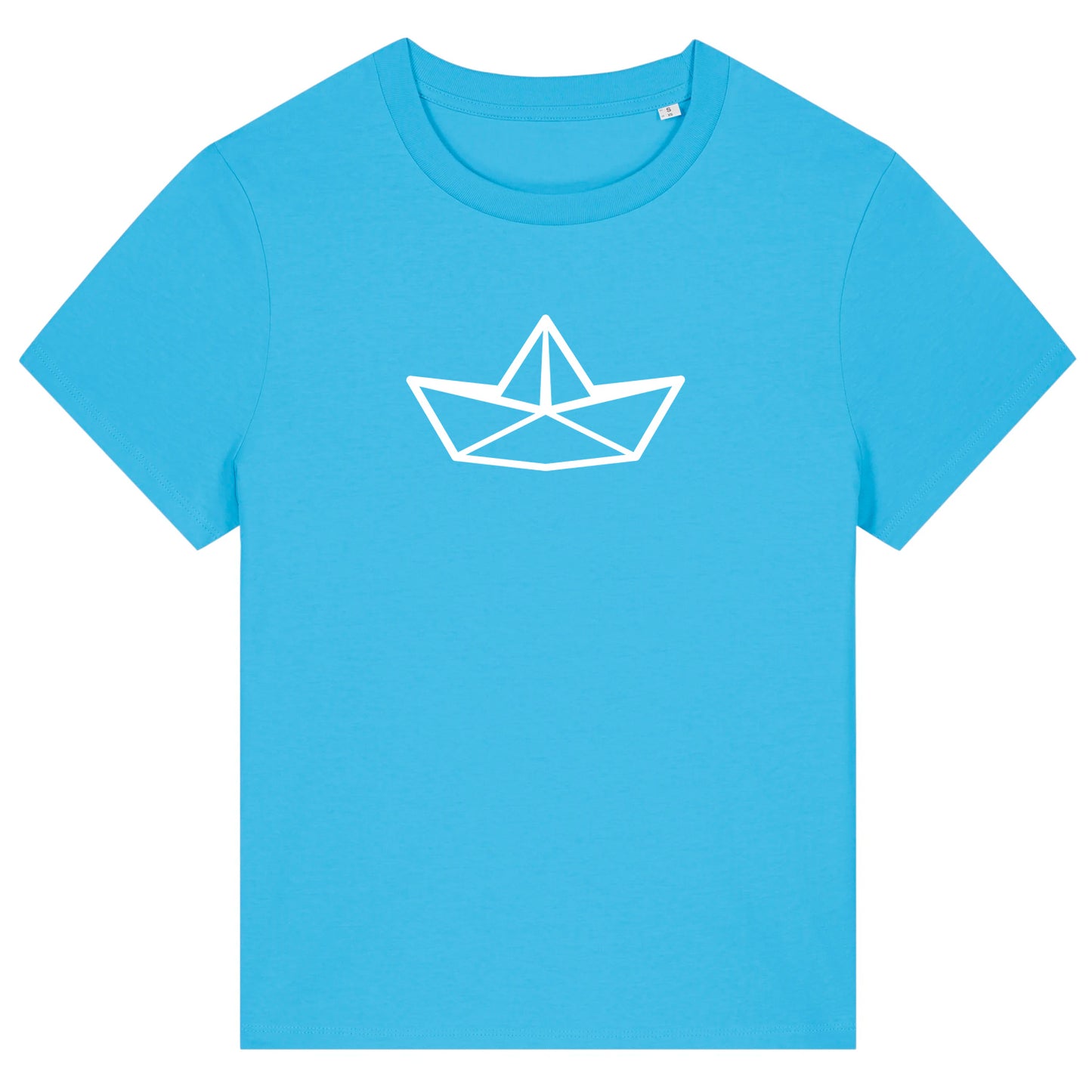 Hellblaues Damen T-Shirt mit Rundhalsausschnitt. Auf der Brust ist in weiß die Grafik eines Faltbootes. Die Farbe vom T-Shirt heißt Aqua Blue.