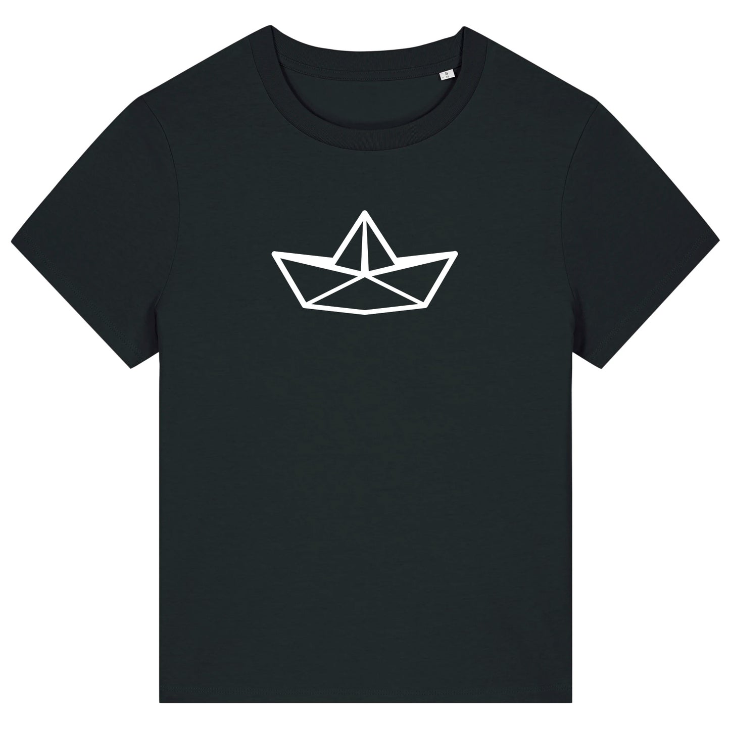 Schwarzes Damen T-Shirt mit Rundhalsausschnitt. Auf der Brust ist in weiß die Grafik eines Faltbootes. Die Farbe vom T-Shirt heißt Black.