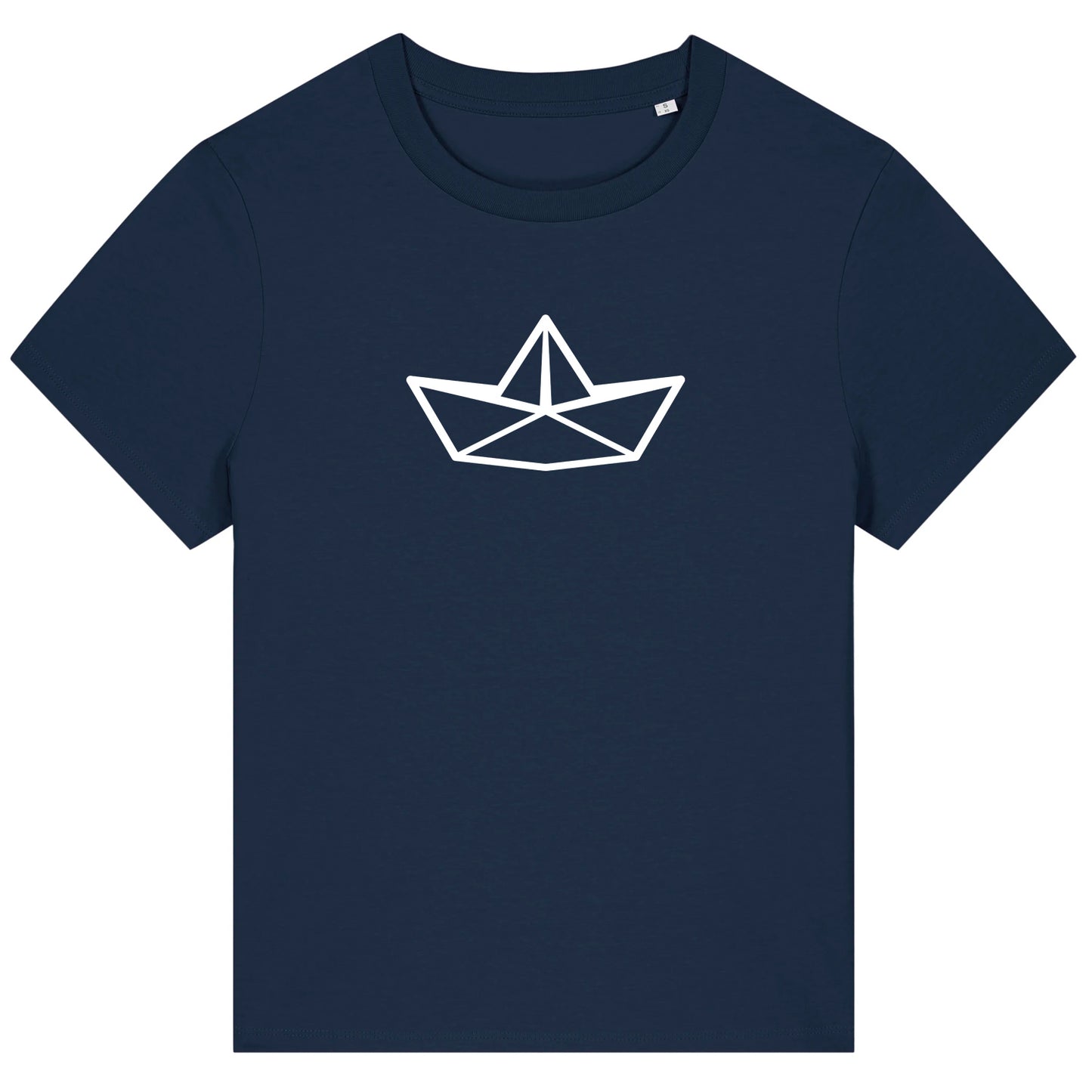 Dunkelblaues Damen T-Shirt mit Rundhalsausschnitt. Auf der Brust ist in weiß die Grafik eines Faltbootes. Die Farbe vom T-Shirt heißt French Navy.