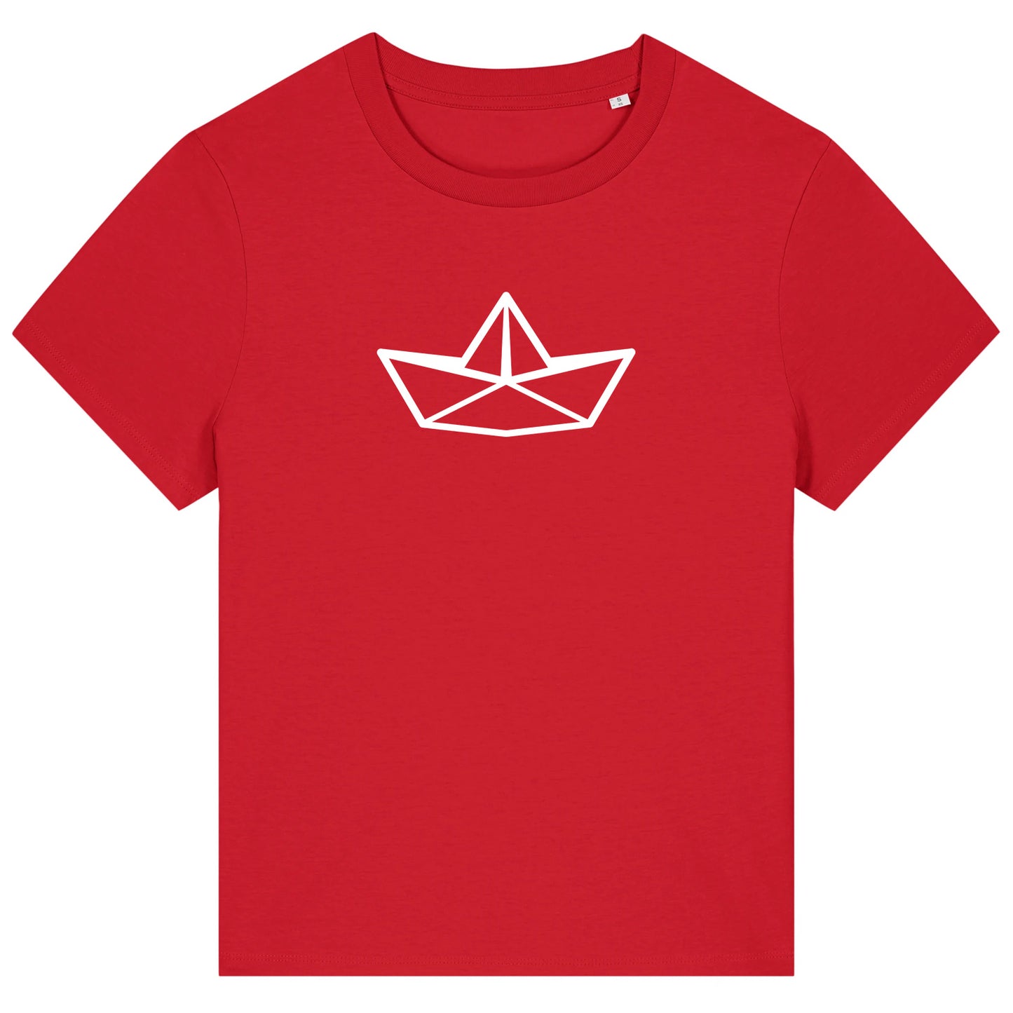 Rotes Damen T-Shirt mit Rundhalsausschnitt. Auf der Brust ist in weiß die Grafik eines Faltbootes. Die Farbe vom T-Shirt heißt Red.