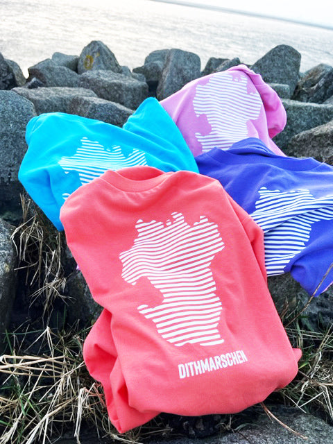 Vier T-Shirts in den Farben Hellblau, Rot, Lila und Pink liegen dekoriert am Steindeich. Auf den T-Shirts ist jeweils in weißen Streifen der Umriss von Dithmarschen zu sehen. Unter dem Umriss steht in weiß Dithmarschen.