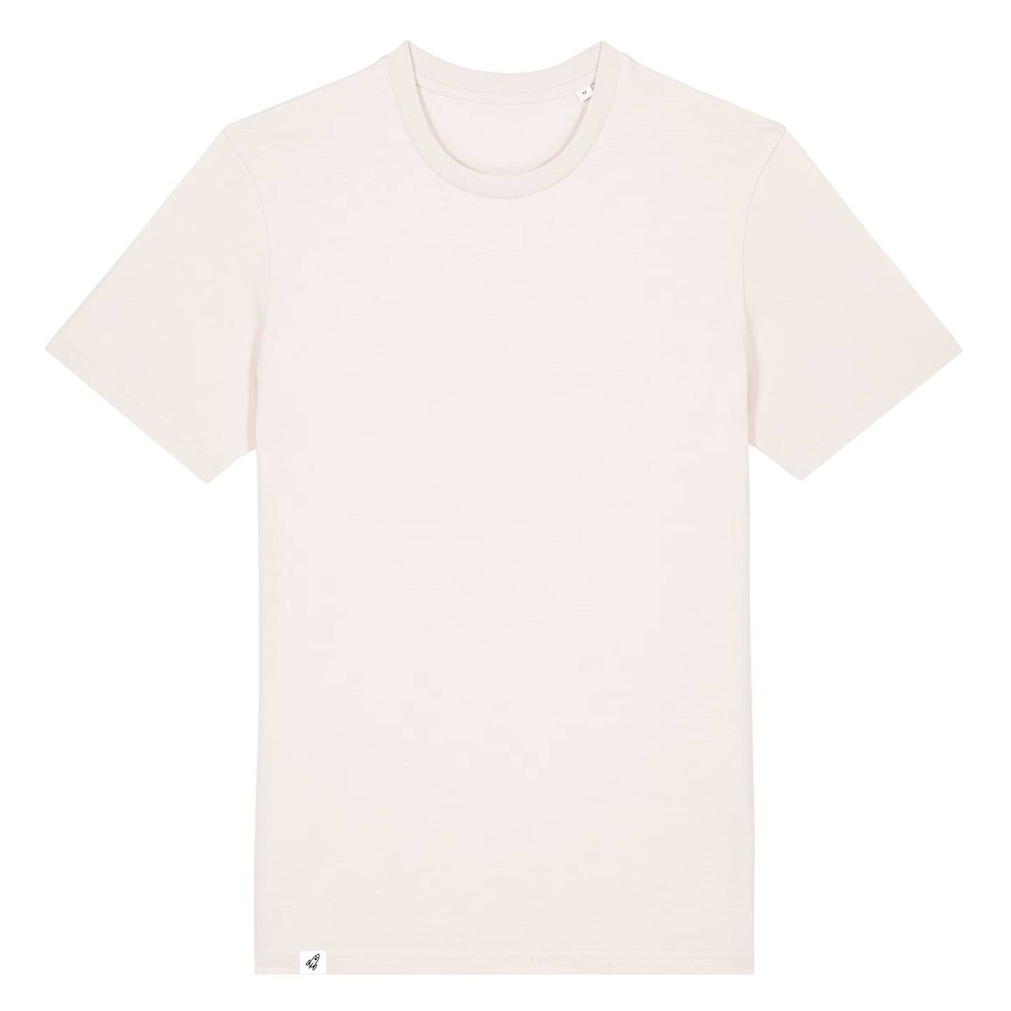 Altweißes Unisex T-Shirt mit Rundhalsausschnitt von Vorne ohne Motivmit Abstarten Label am Saum.