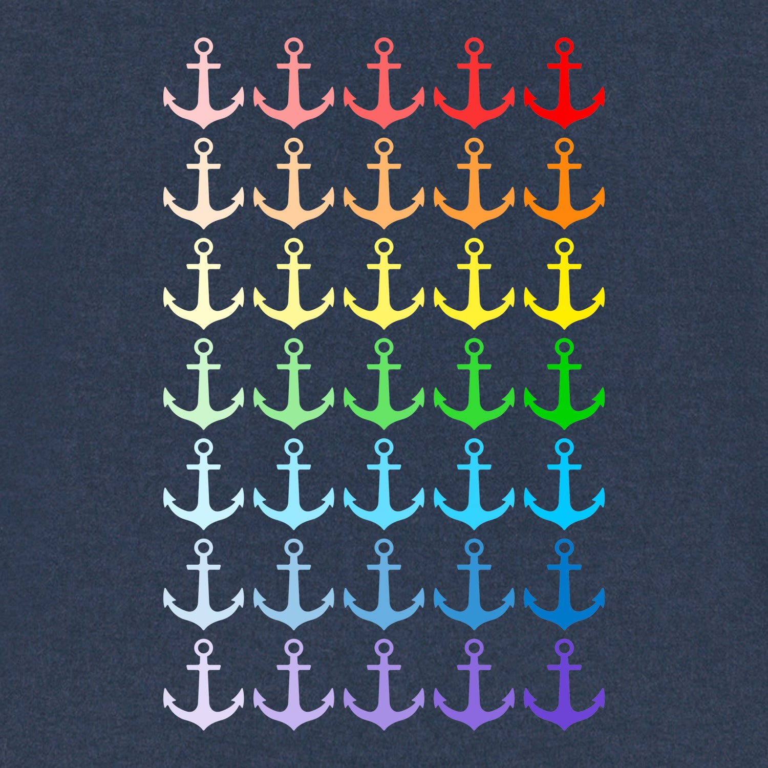 Detailansicht vom Motiv vieler bunter Anker in Regenbogenfarben.