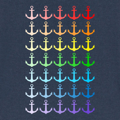 Detailansicht vom Motiv vieler bunter Anker in Regenbogenfarben.