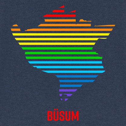 Ansicht vom bunten Regenbogen-Streifen Umriss von Büsum. Darunter steht Büsum in roter Schrift. 