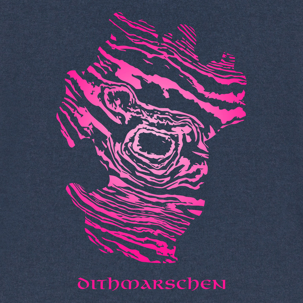 Detailansicht von Dithmarschen in pinkem Farbverlauf. Die Fläche hat das Muster eines Damastmessers. Darunter steht in altmodischer Schriftart Dithmarschen. 