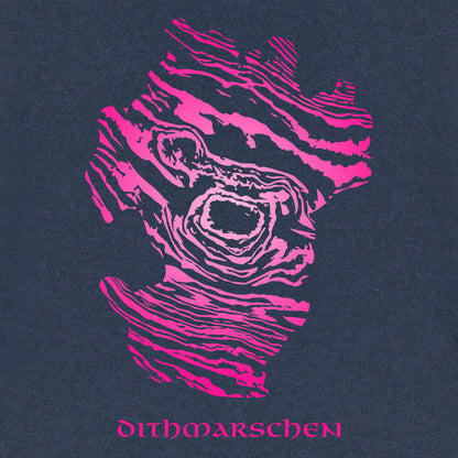 Detailansicht von Dithmarschen in pinkem Farbverlauf. Die Fläche hat das Muster eines Damastmessers. Darunter steht in altmodischer Schriftart Dithmarschen. 