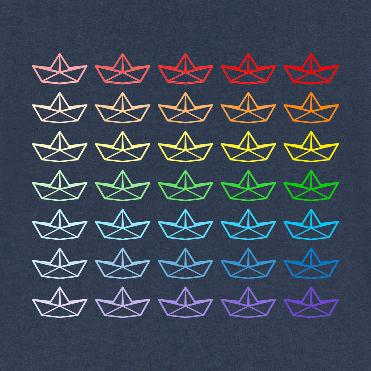 Detailansicht vom Motiv vieler bunter Faltboote in Regenbogenfarben.