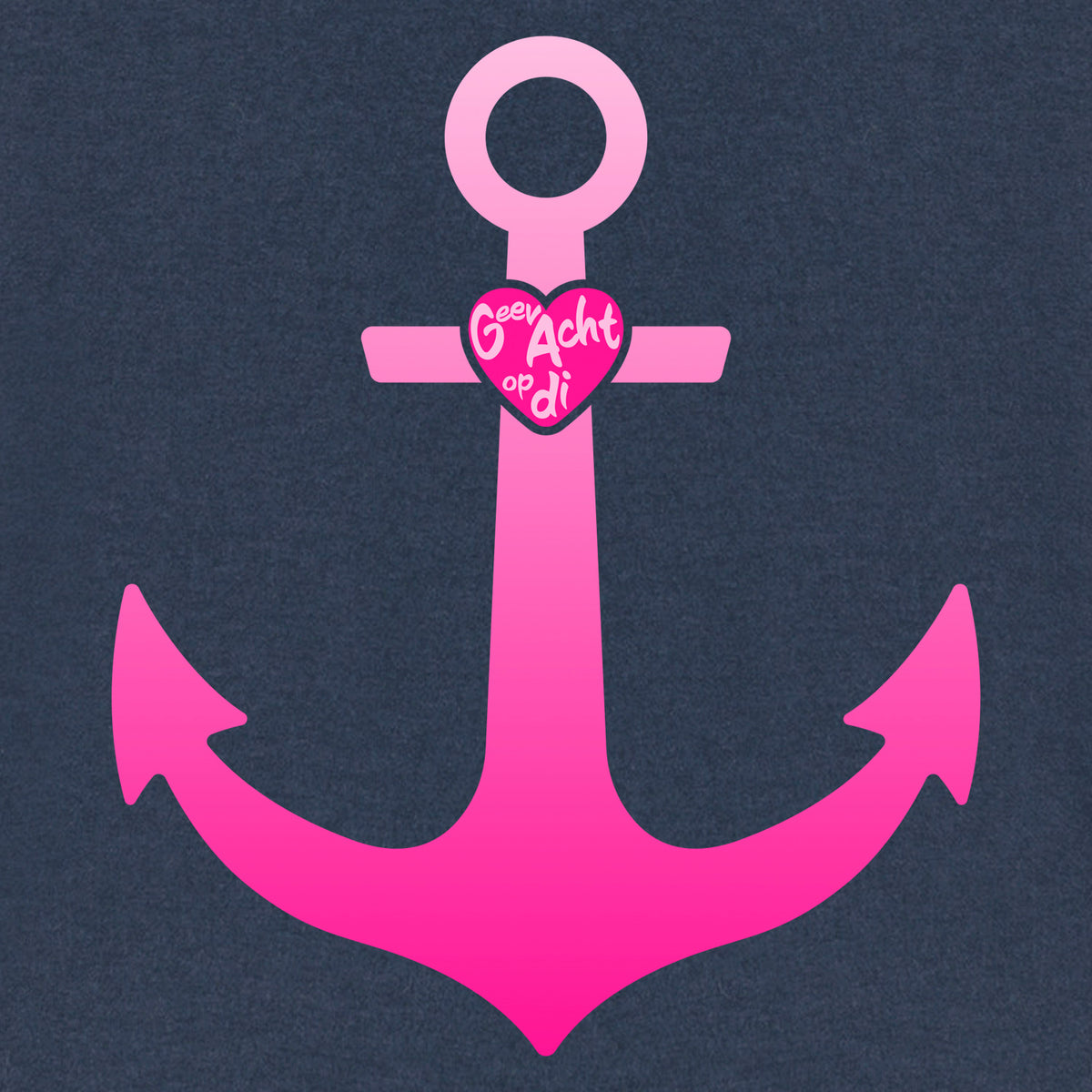 Ansicht aus der Pinktober Kollektion mit Anker Motiv. In dem Herz steht Geev Acht op di.