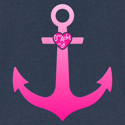 Ansicht aus der Pinktober Kollektion mit Anker Motiv. In dem Herz steht Geev Acht op di.