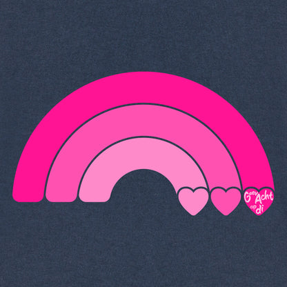 Ansicht aus der Pinktober Kollektion mit Regenbogen Motiv. In dem Herz steht auf Plattdeutsch Geev Acht op di.