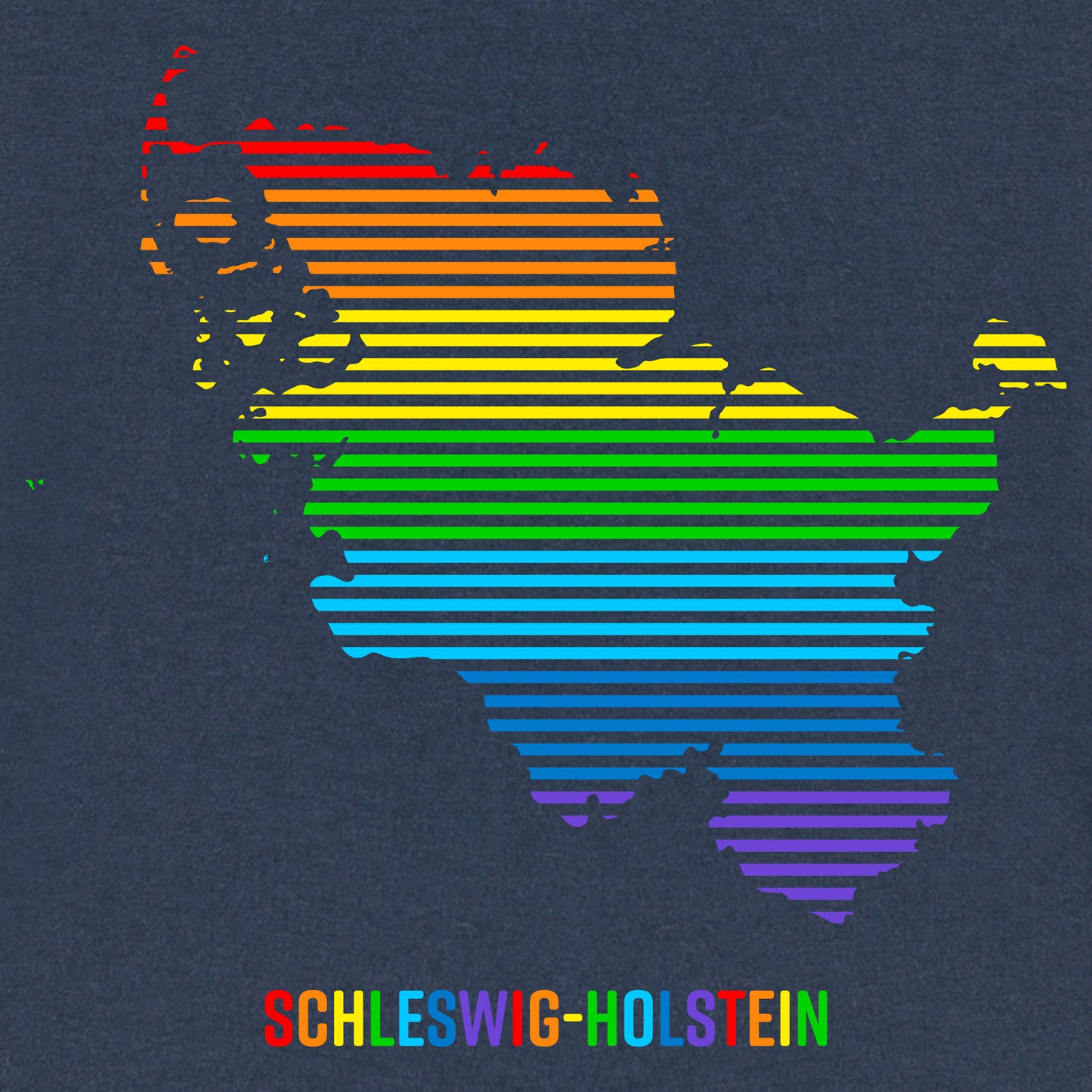 Detailansicht vom Schleswig-Holstein Umriss in Linien und Regenbogenfarben. Darunter der Text Schleswig-Holstein in bunten Farben.