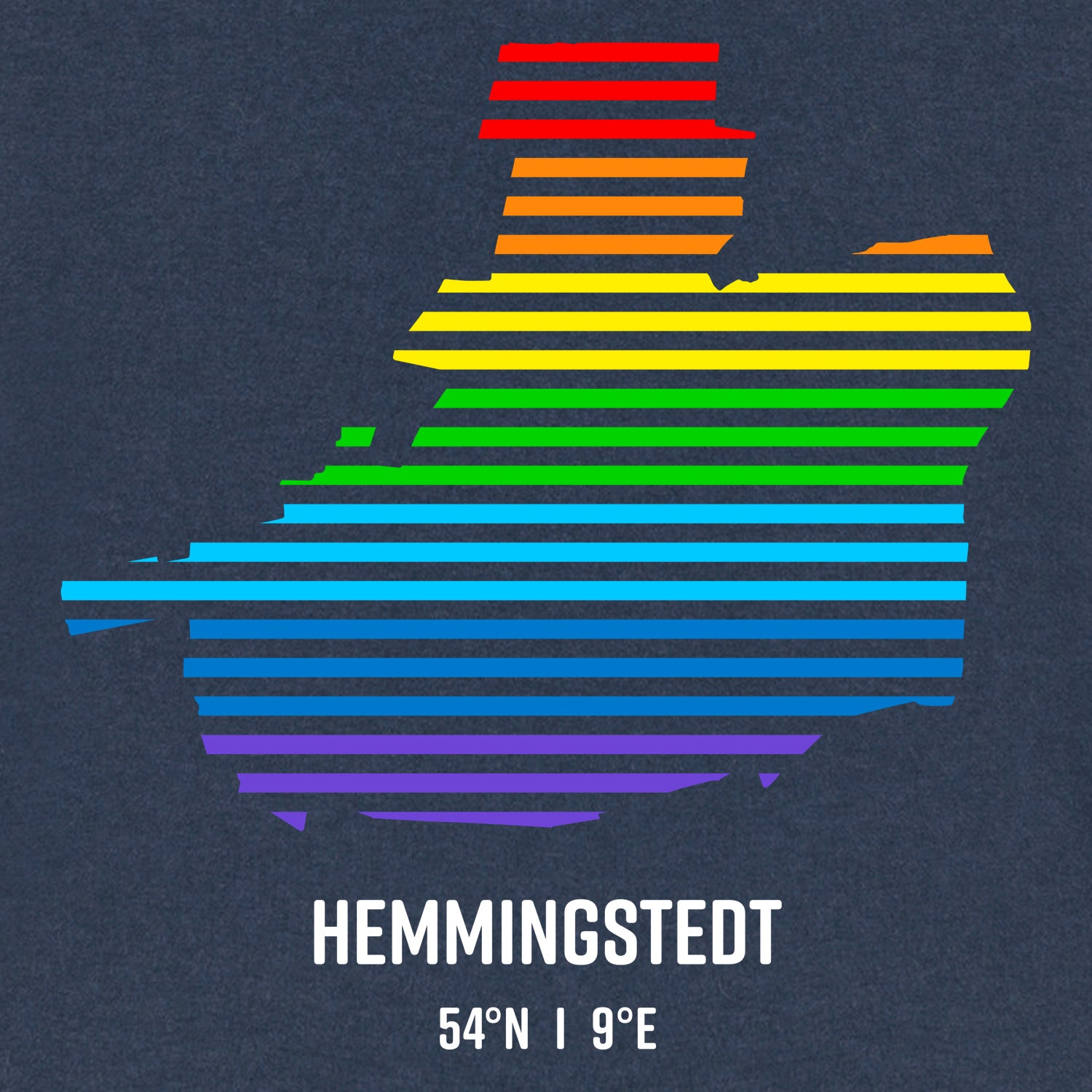 Ansicht in bunten regenbogen Streifen vom Umriss Hemmingstedt. Darunter steht Hemmingstedt 54° N und 9° E.