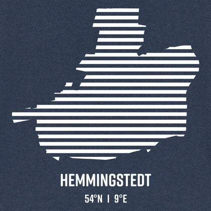 Ansicht in weißen Streifen vom Umriss Hemmingstedt. Darunter steht Hemmingstedt 54° N und 9° E.