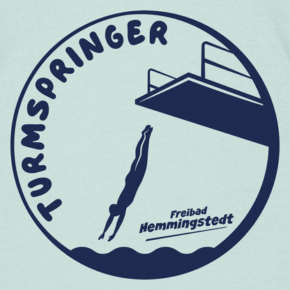 Detailansicht vom Motiv Turmspringer vom Freibad Hemmingstedt auf hellem Hintergrund. 