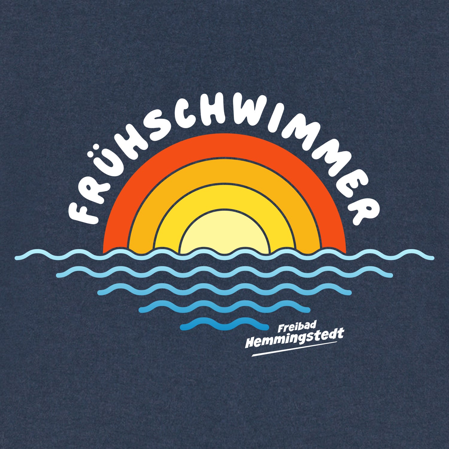 Detailansicht Motiv Frühschwimmer auf dunklem T-Shirt.