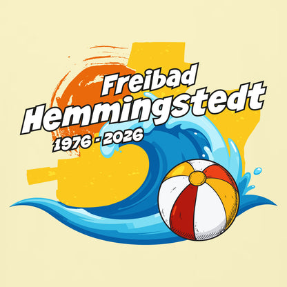 Detailansicht Motiv Jubiläum (1976-2026) auf hellem T-Shirt.