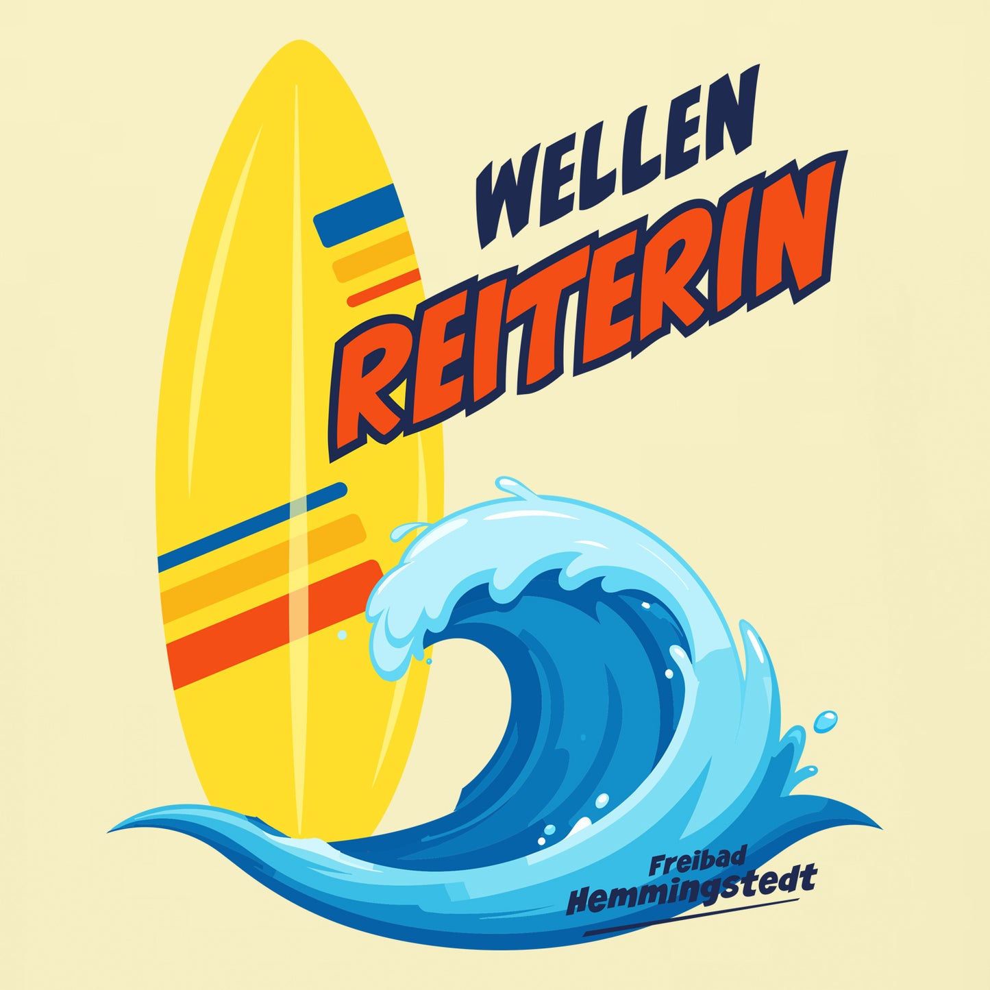 Detailansicht Motiv Wellenreiterin auf hellem T-Shirt.