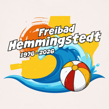 Detailansicht Motiv Jubiläum 1976-2026 auf hellem T-Shirt.