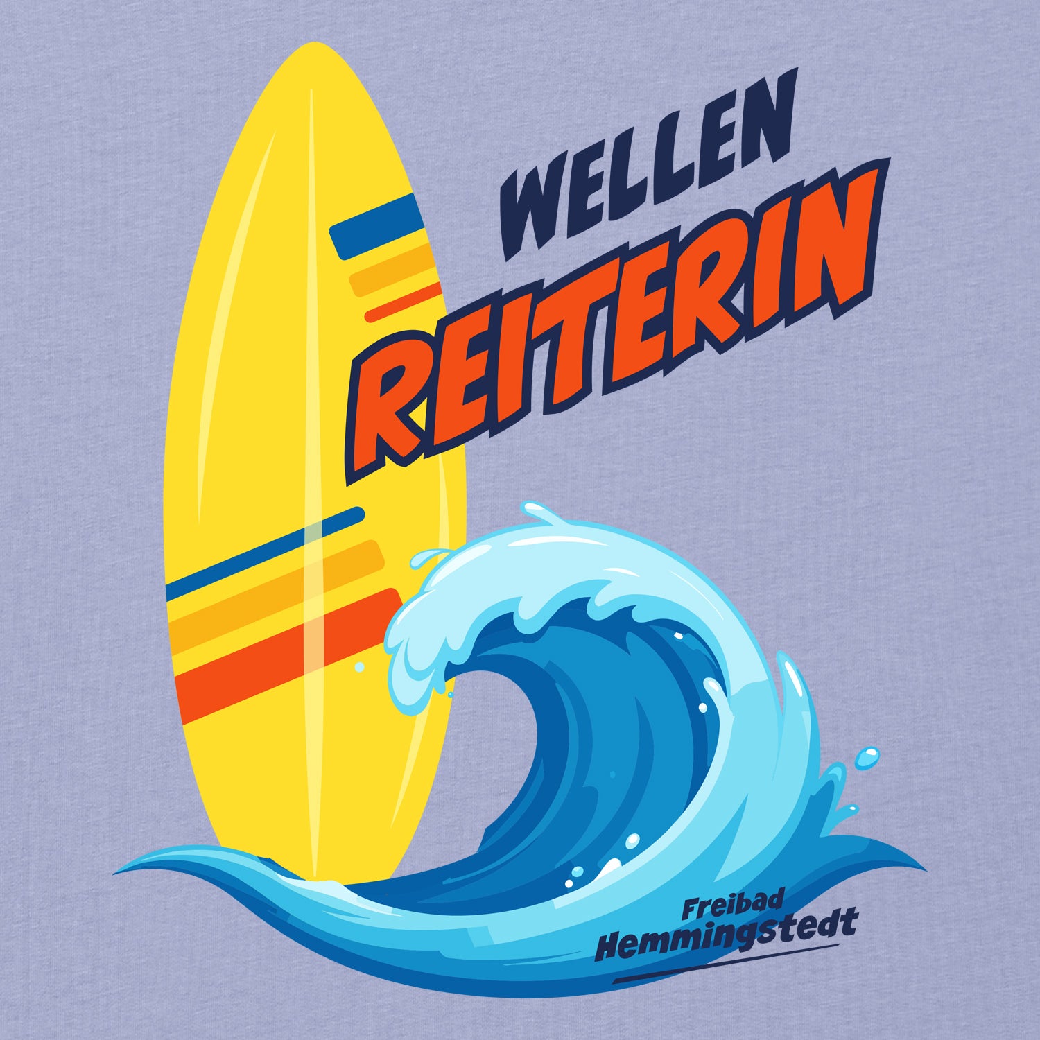 Detailansicht Motiv Wellenreiterin auf buntem T-Shirt.