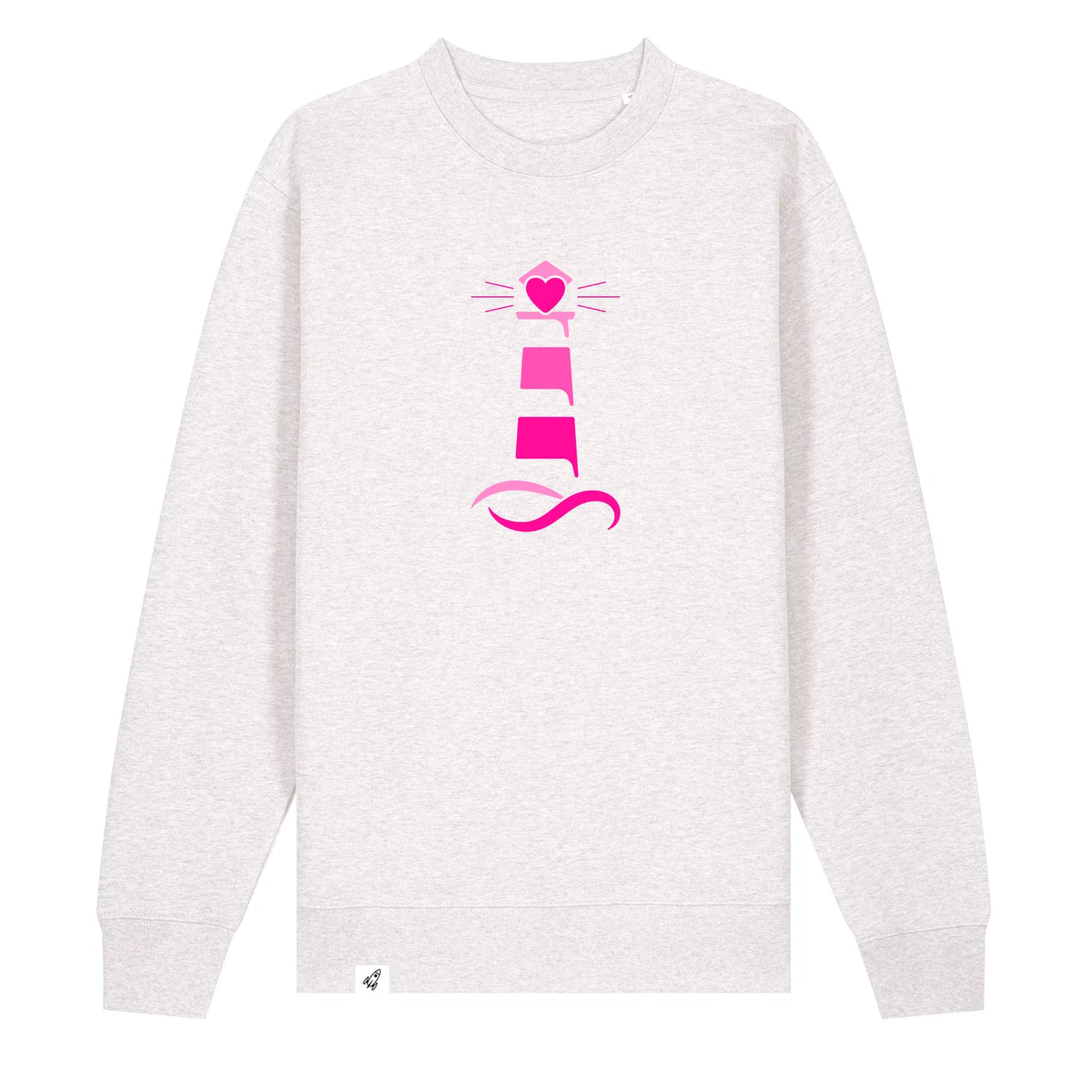Hellgrauer Unisex Sweater aus der Pinktober Kollektion mit Leuchtturm Motiv.