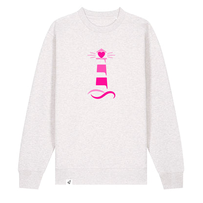 Hellgrauer Unisex Sweater aus der Pinktober Kollektion mit Leuchtturm Motiv.