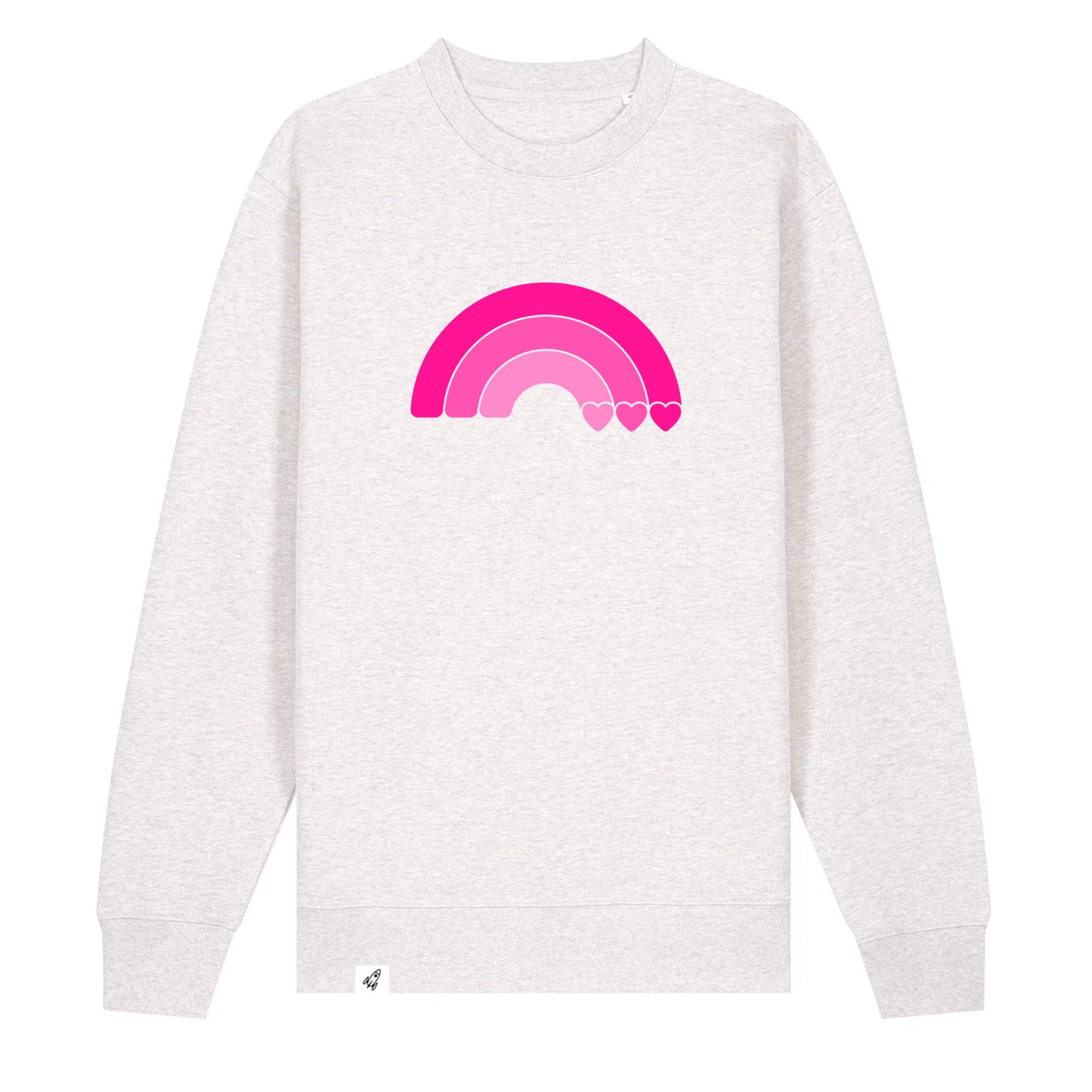 Hellgrauer Unisex Sweater aus der Pinktober Kollektion mit Regenbogen Motiv.