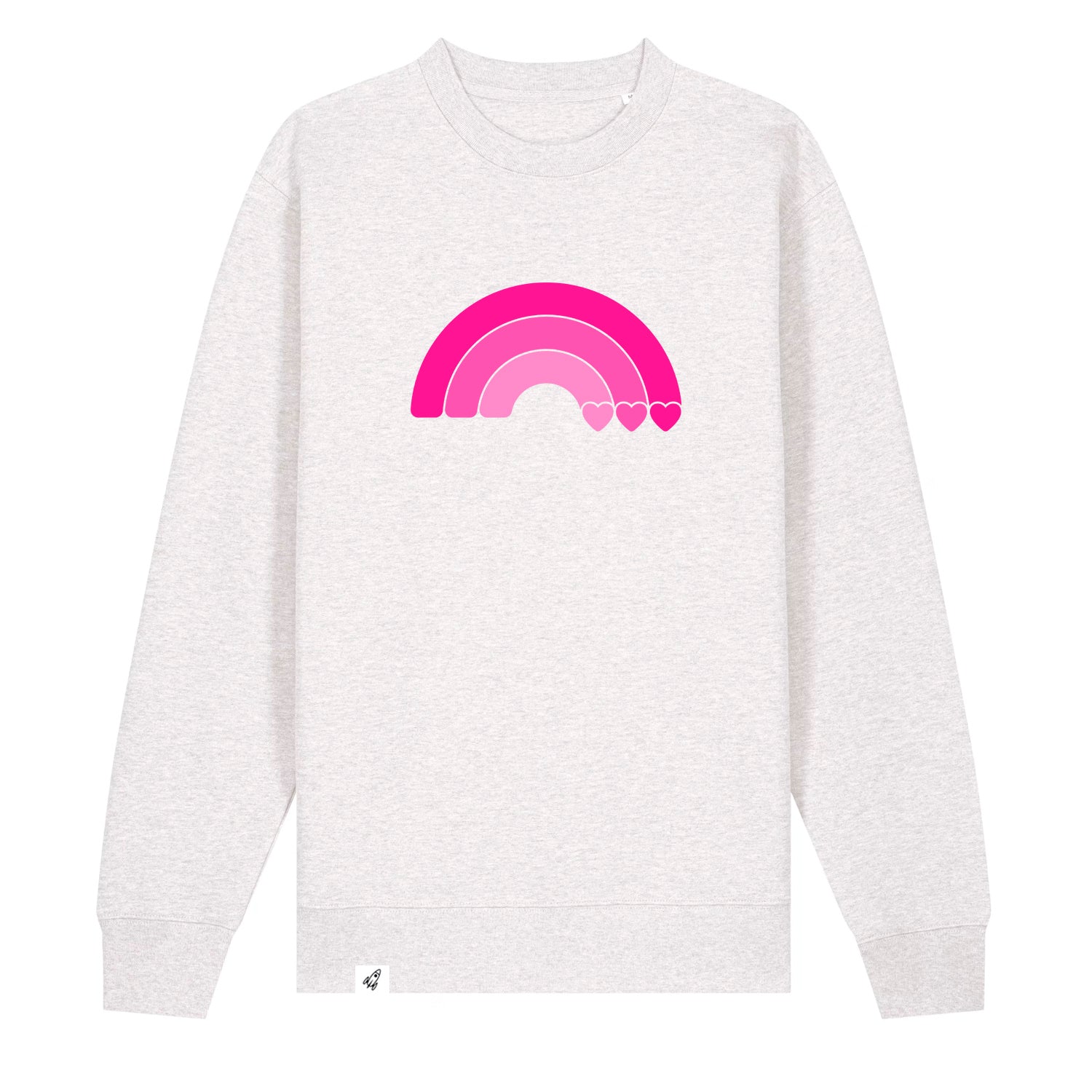 Hellgrauer Unisex Sweater aus der Pinktober Kollektion mit Regenbogen Motiv.