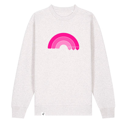 Hellgrauer Unisex Sweater aus der Pinktober Kollektion mit Regenbogen Motiv.