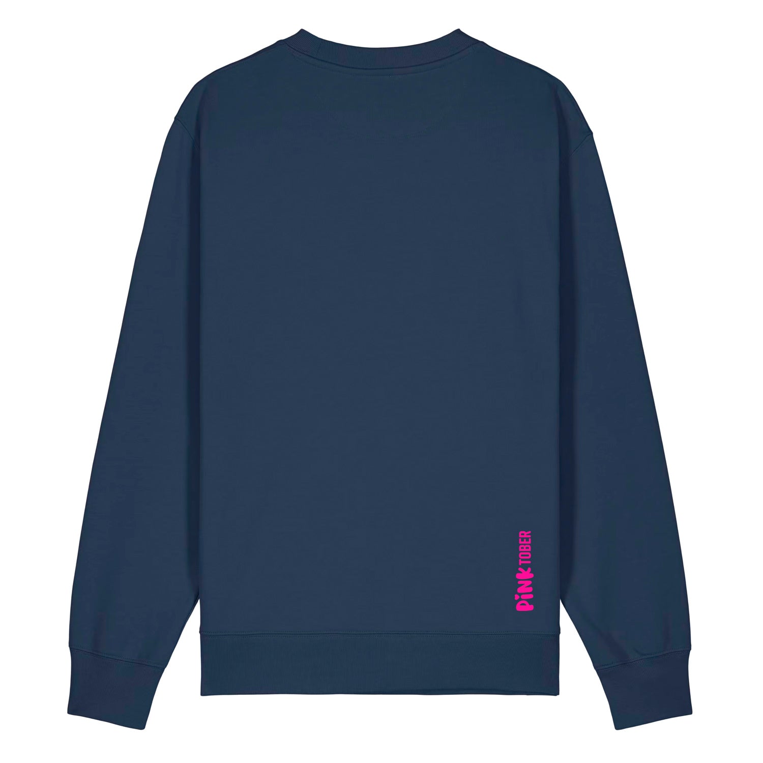 Dunkelblauer Unisex Sweater aus der Pinktober Kollektion mit dem Pinktober Logo Motiv. Ansicht von Hinten.