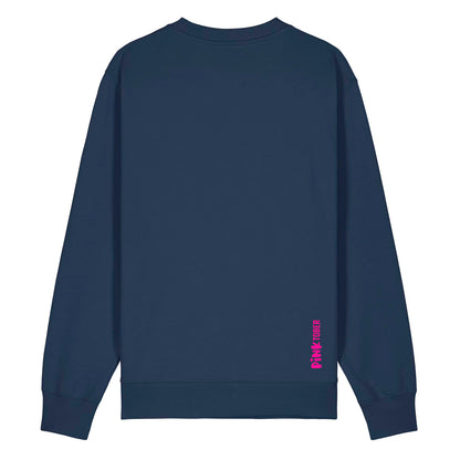Dunkelblauer Unisex Sweater aus der Pinktober Kollektion mit dem Pinktober Logo Motiv. Ansicht von Hinten.