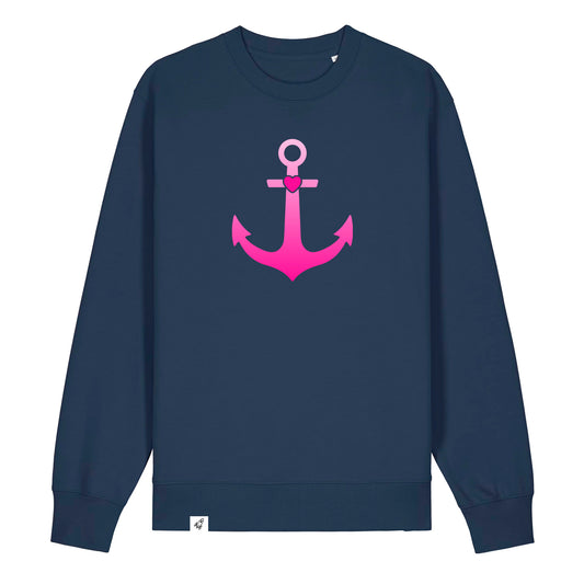 Dunkelblauer Unisex Sweater aus der Pinktober Kollektion mit Anker Motiv.